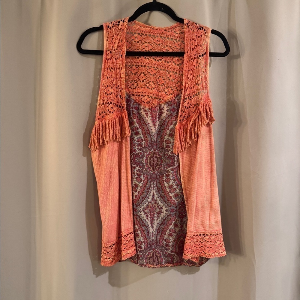 Coral  Vest with Fringe  Top